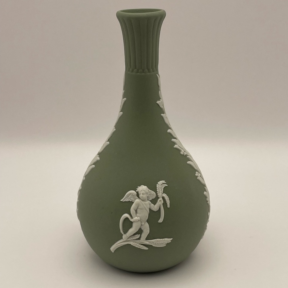 Vintage, Wedgwood/Jasperware, Sage Green, Bud Vase, Cherubs, 5” Tall